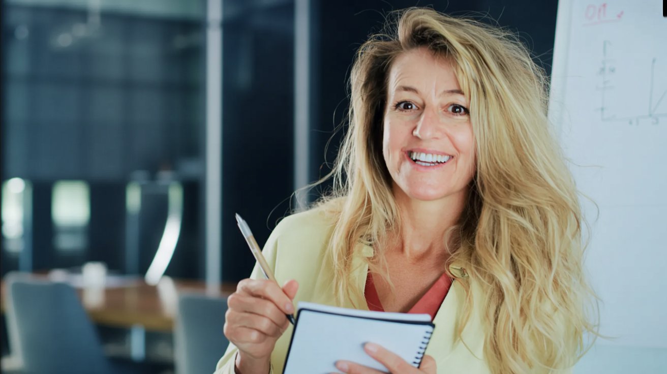 Carmen Cornelia Haselwanter mit Notizbuch vor einem Flipchart