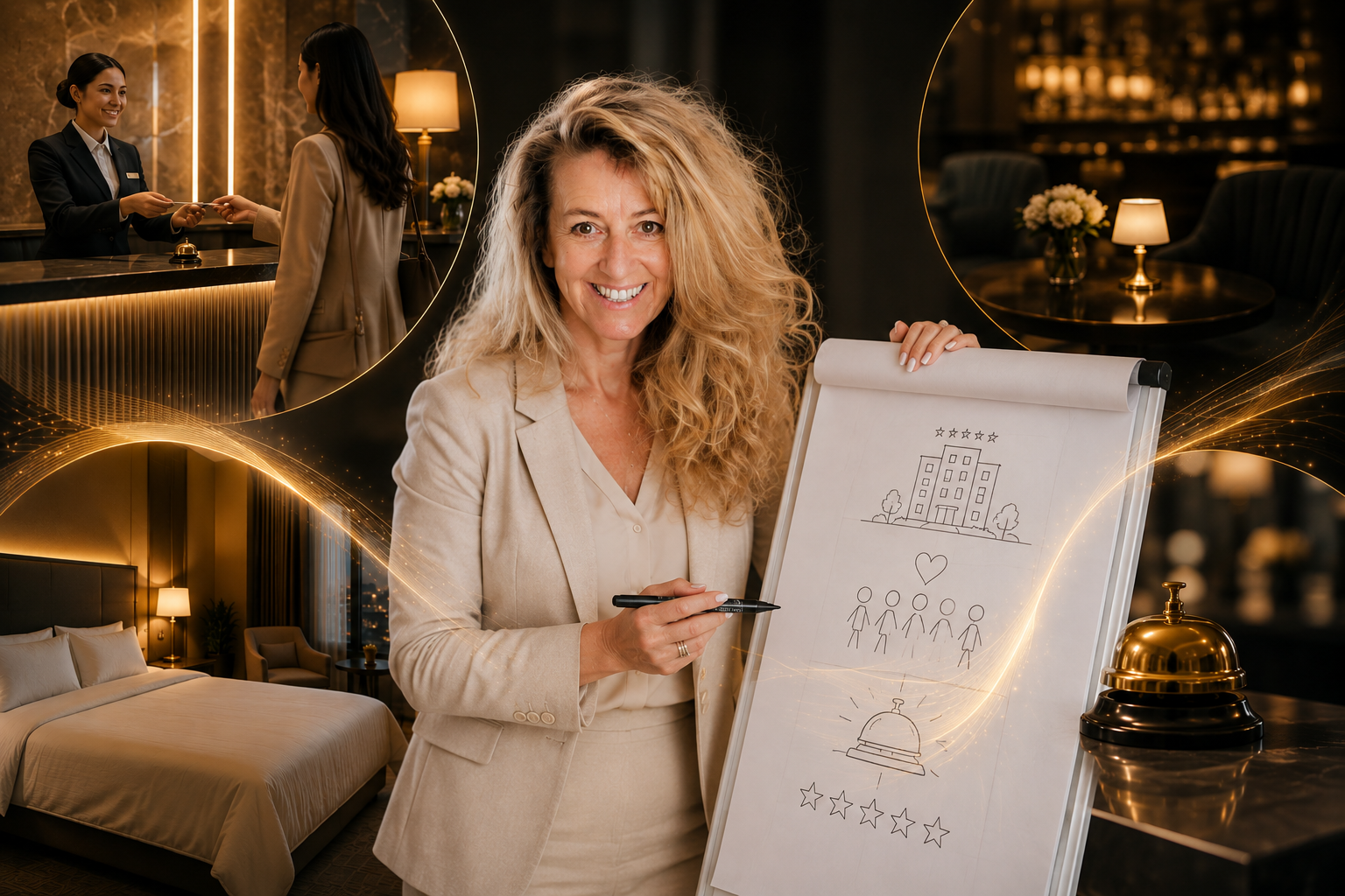 Carmen Cornelia Haselwanter am Flipchart, umgeben von Hospitality-Momentaufnahmen