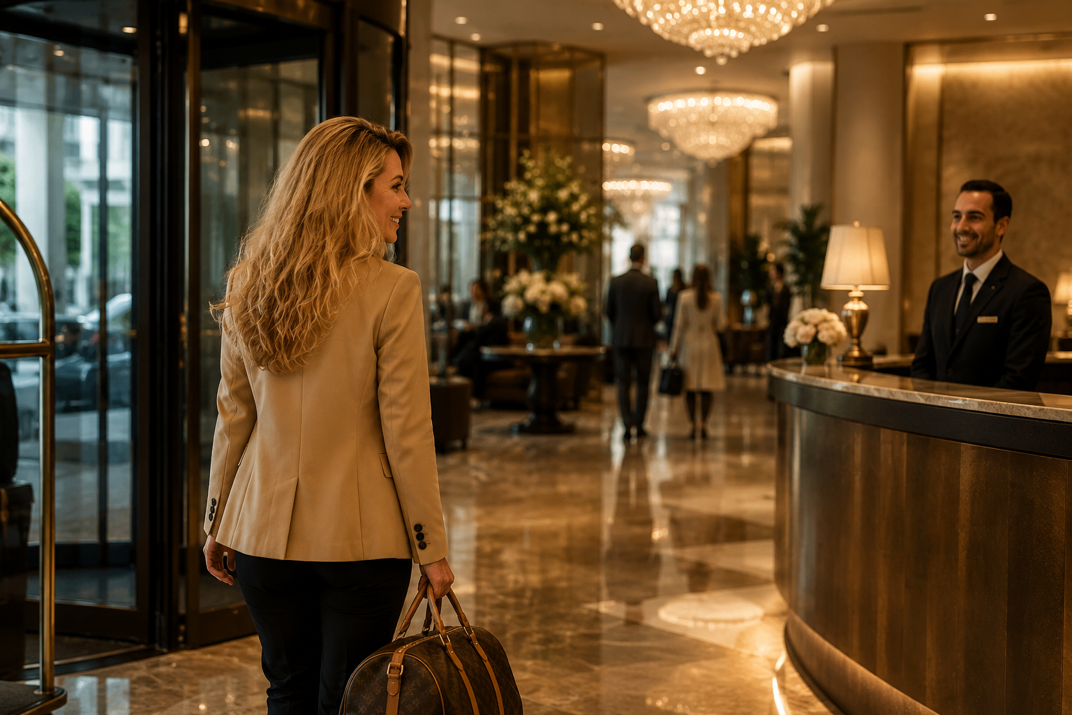 Gast betritt die Lobby eines Luxushotels und geht zur Reception