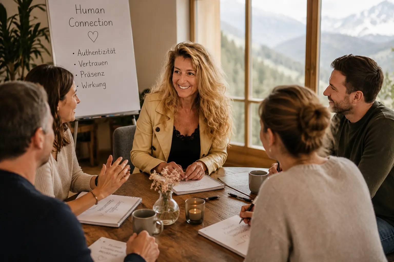 Gruppensession mit Flipchart „Human Connection — Authentizität, Vertrauen, Präsenz, Wirkung“ vor Bergpanorama