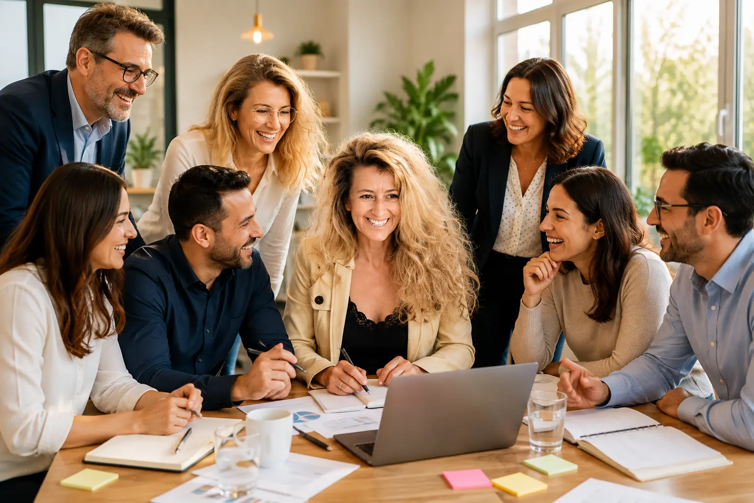 Carmen Cornelia Haselwanter im lebendigen Austausch mit einem Team rund um den Tisch