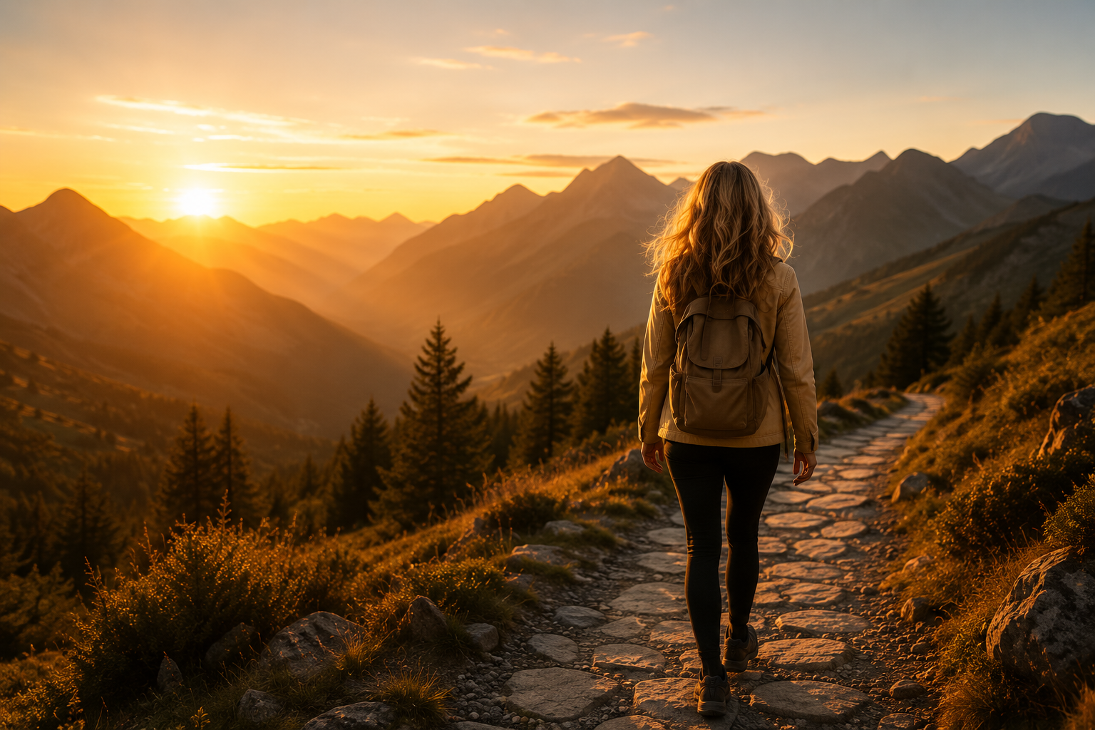 Weg in den Bergen bei Sonnenaufgang — Symbol für persönliche Entwicklung