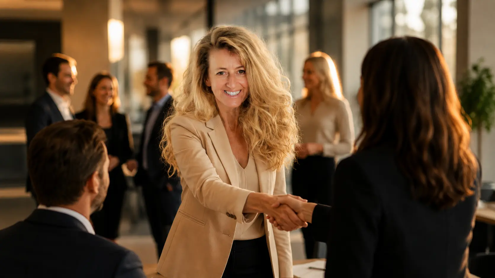 Carmen Cornelia Haselwanter begrüsst eine Geschäftspartnerin mit einem Handschlag im Empfangsbereich
