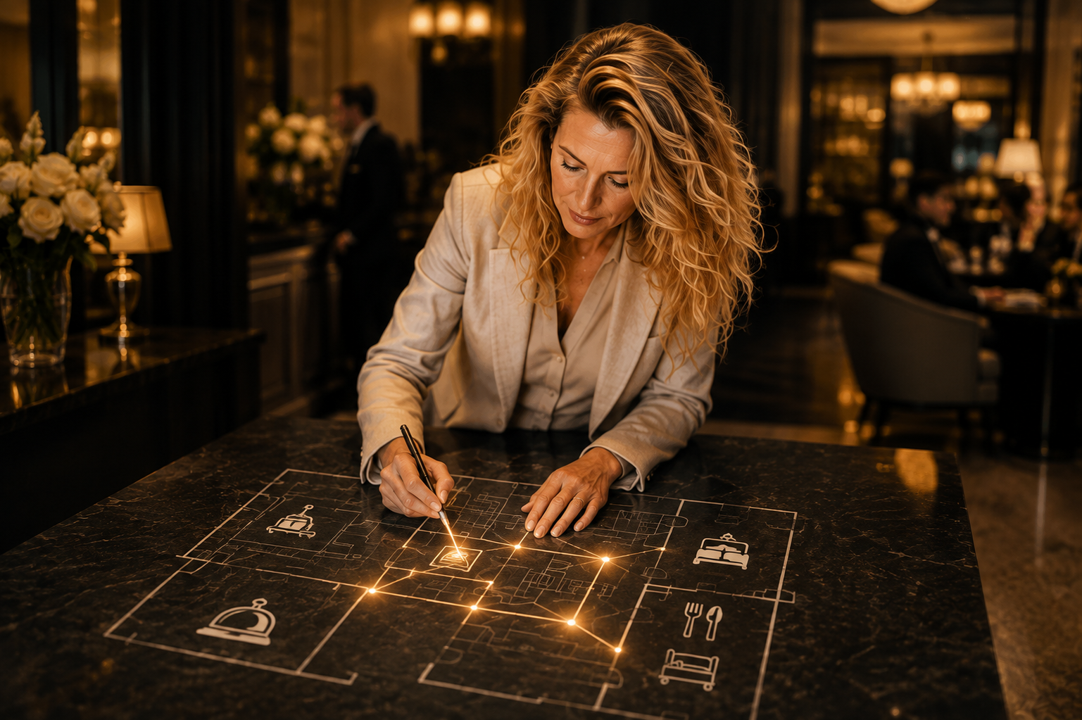 Carmen Cornelia Haselwanter entwickelt in einer Hotel-Lobby einen individuellen Plan für Human Connection